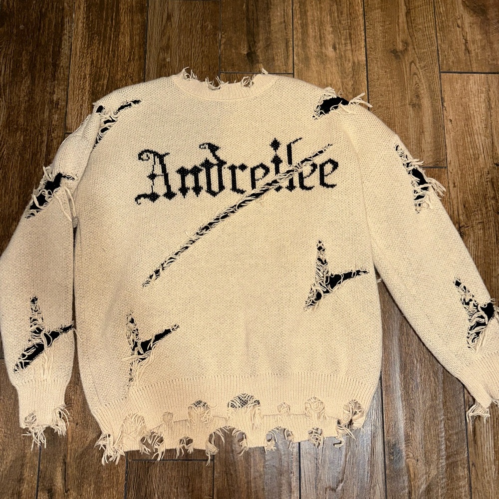Andreilee Distressed Beige Knitted Sweater with hidden Black Accents